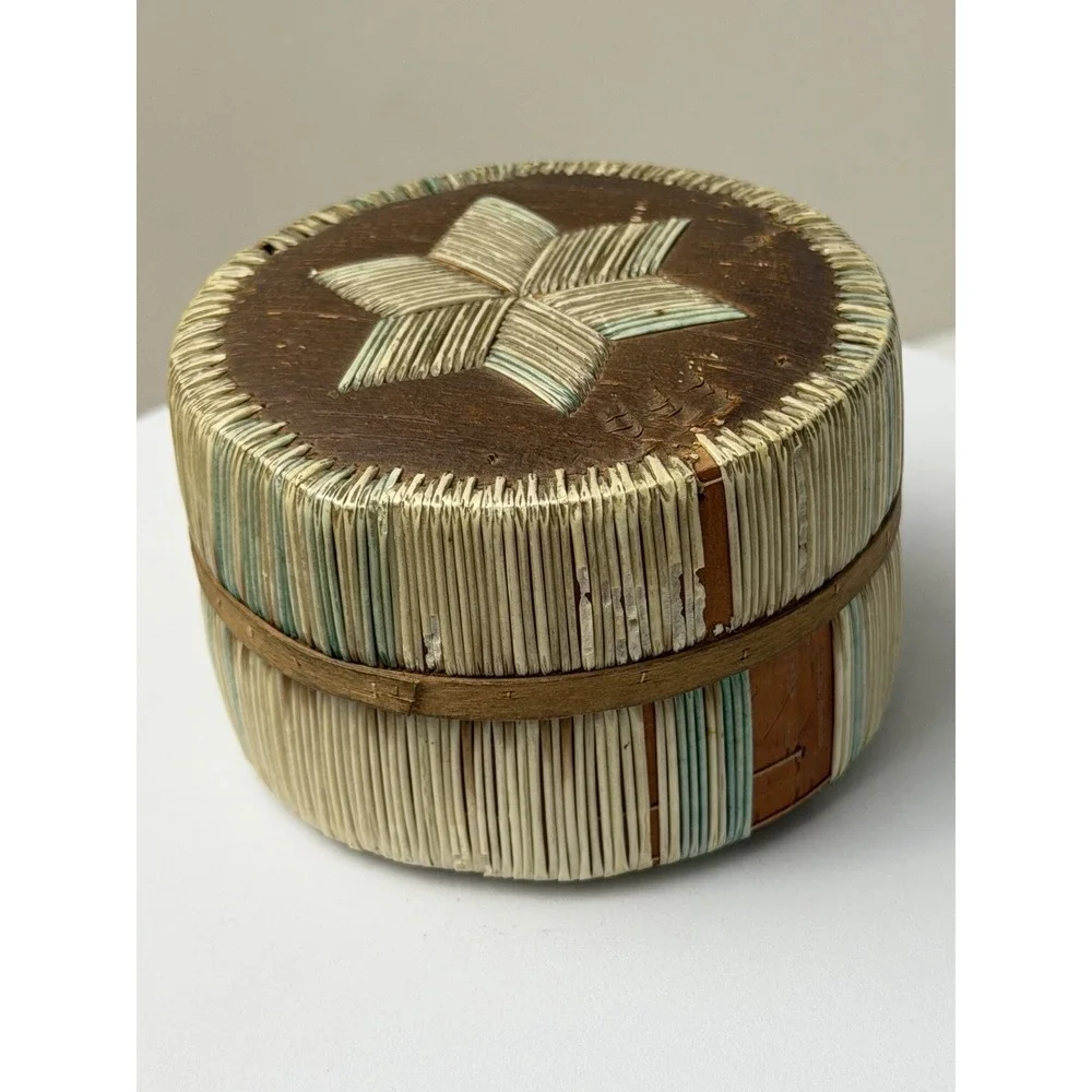 Porcupine Quill Round Box, 1925 Small, Birch Bark, Native American Antique